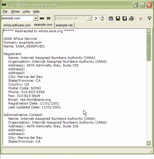 screenshot of free domain name whois lookup software